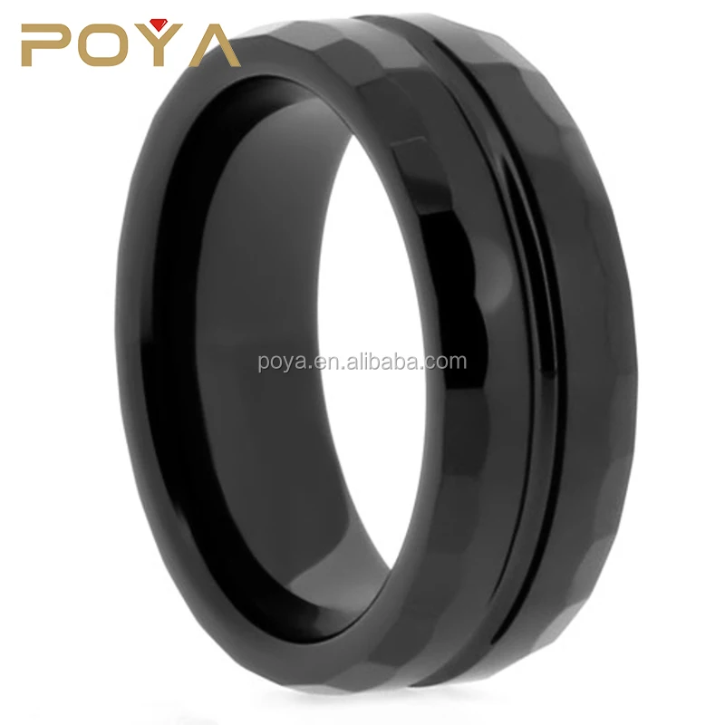 

POYA Jewelry 8mm Tungsten Carbide Ring Black Groove Dome Facet Men Women Engagement Ring