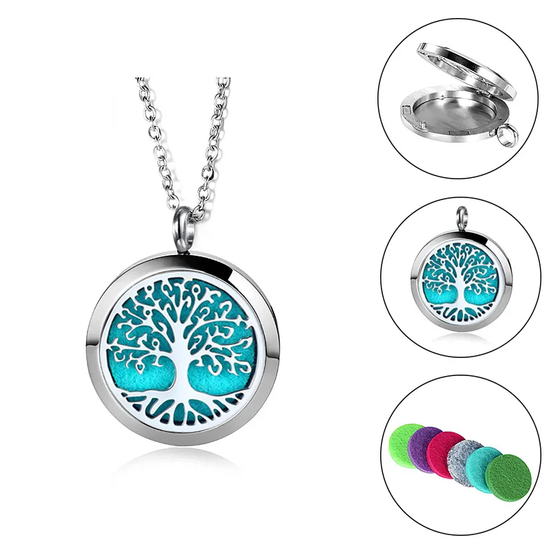 Tree Of Life Titanium Stainless Steel 316L Jewelry Gold Plated Necklace Locket Men Women Aroma Essential Oil Diffuser Necklace
