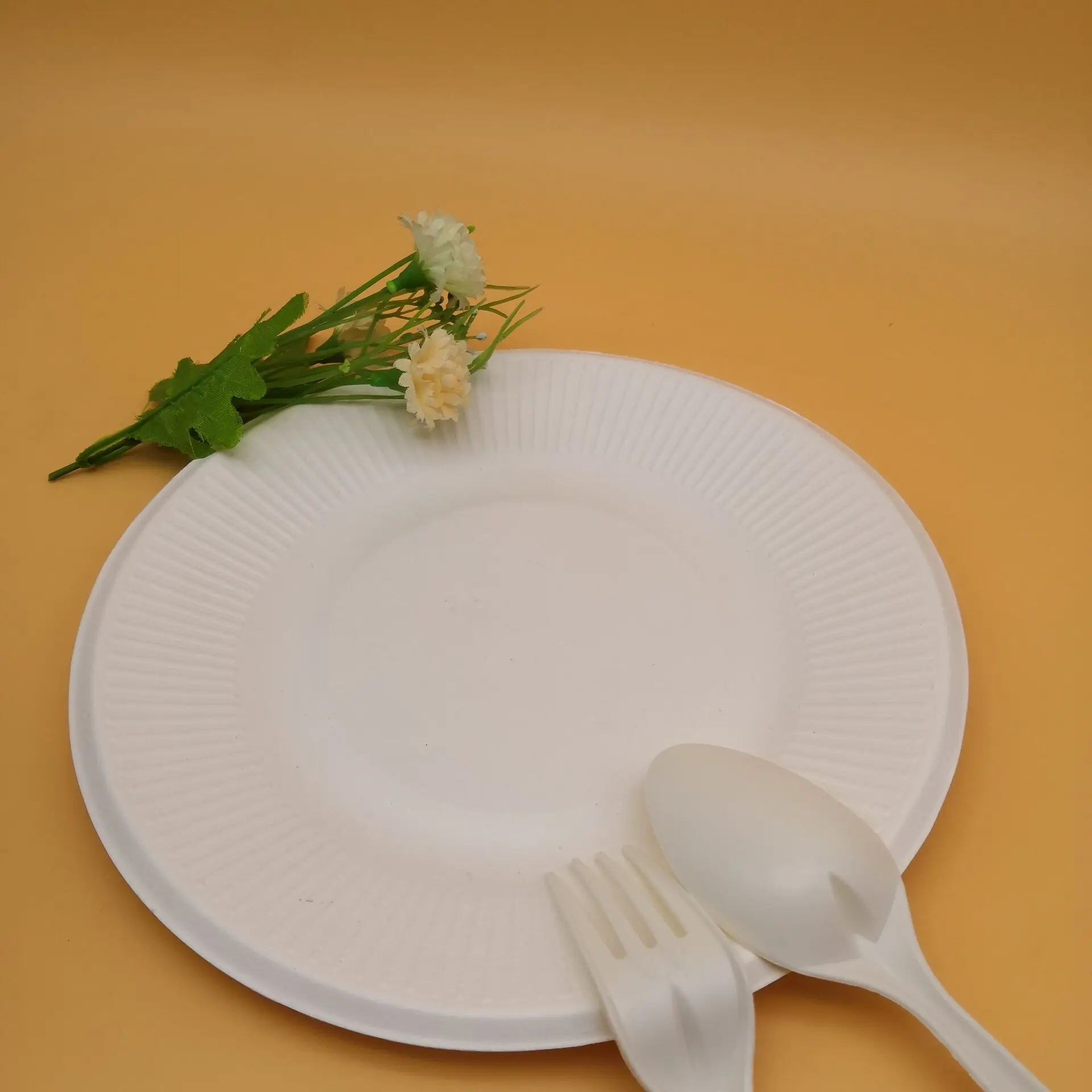 
Biodegradable disposable sugancane bagasse small round striped elegant Plate 
