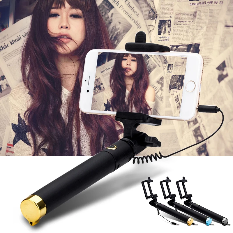 2016 Wholesale Universal Portable Cable Monopod Selfie Stick For Iphone,Mini Selfie Stick With Shutter Button For Smartphone