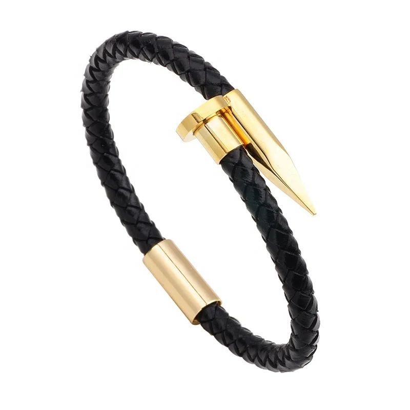 

Hot luxury genuine leather bracelet male stainless steel nail bangle handmade leather bracelet