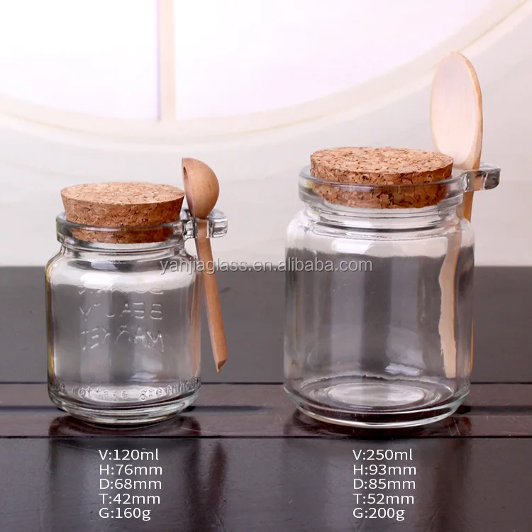 High Quality Wholesale Clear Glass Jar With Wooden Spoon And Cork Lid