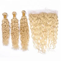 

Wholesale virgin brazilian cuticle aligned human hair wet and wavy weave 18inch 613 blonde bundles with frontal