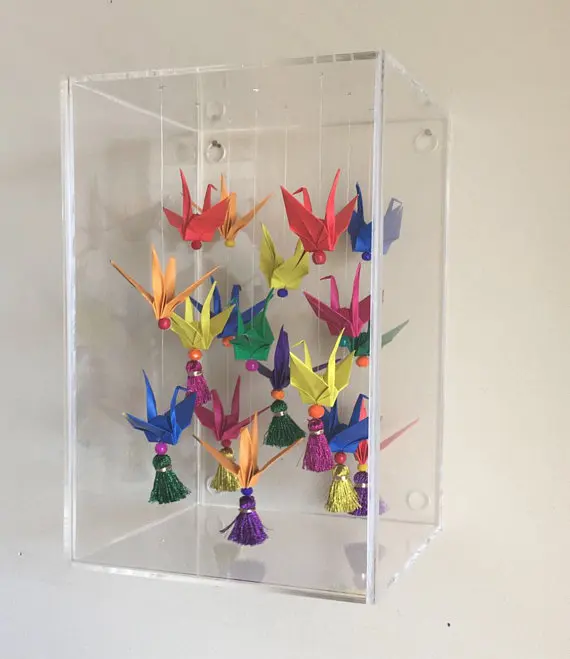 Wall Mounted Clear Acrylic Origami Cranes And Tassels Hanging Box