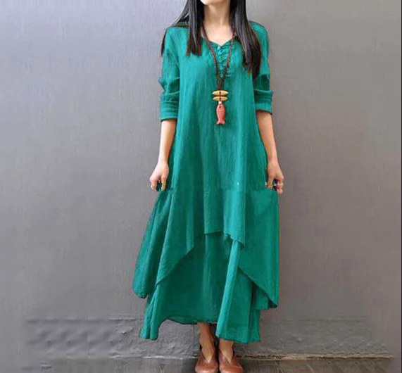 

Aliexpress Hot Sale Women Elegant Dress False Two Piece Long Sleeve Long Linen Dress, White, orange, burgundy, green, black, blue, calorie, turmeric, red