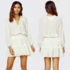Women White Viscose Long Sleeve String Collar Summer Casual Mini Dress