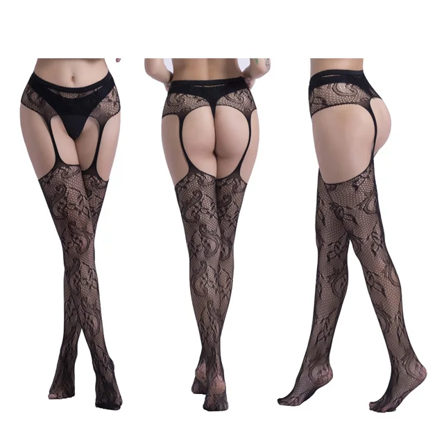 

Women lingerie fishnet stockings garters upscale Jumpsuit siamese socks, Black