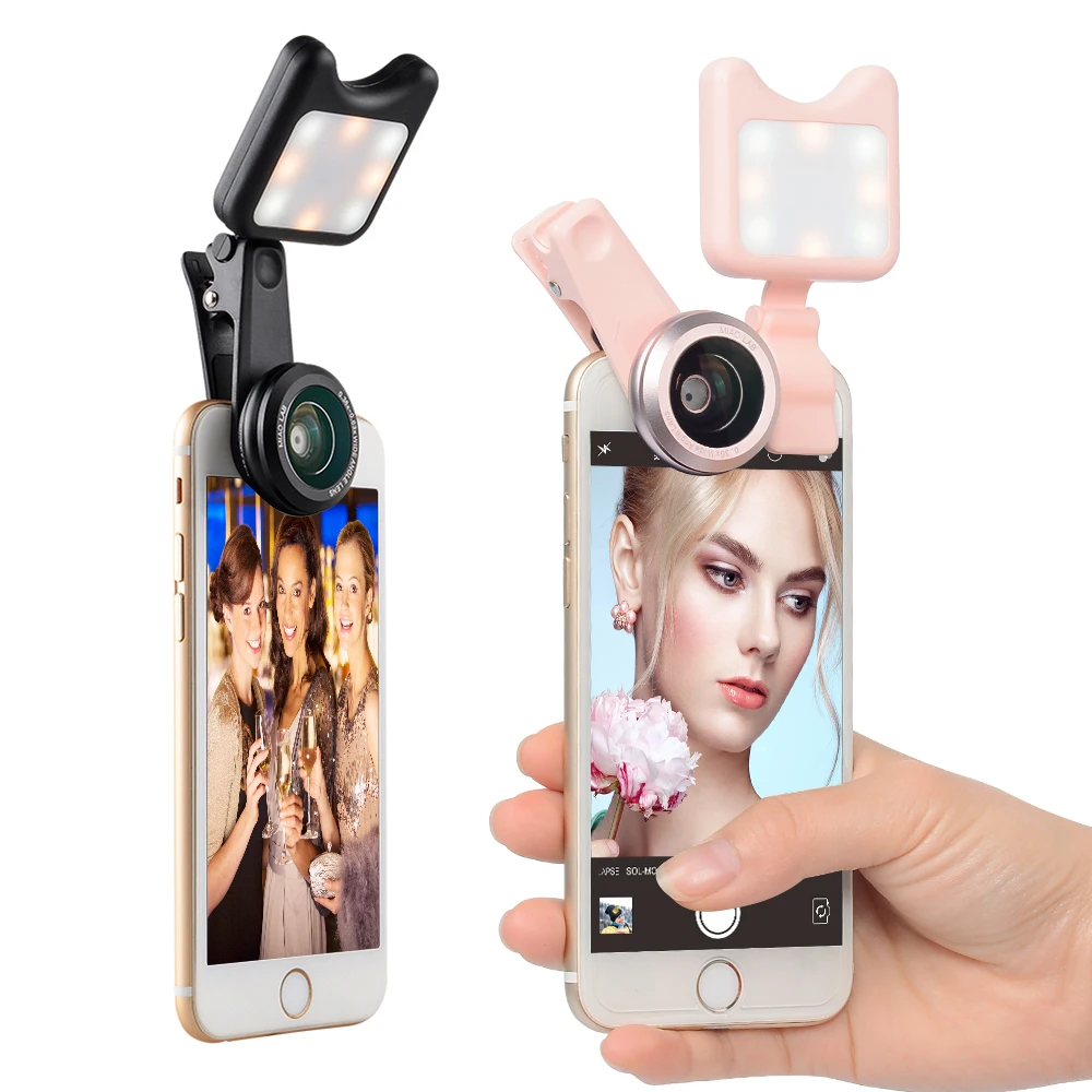 Mobile phone accessories clip on phone LED selfie Fill light ring selfie light with Wide angle camera lens kit