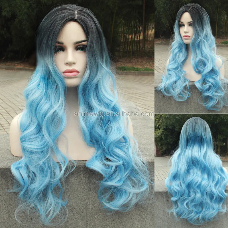 

70cm Long Wave Anime Cosplay Wig Blue&Black Mixed Lolita Synthetic Lace Fashion Hair Wig for Women