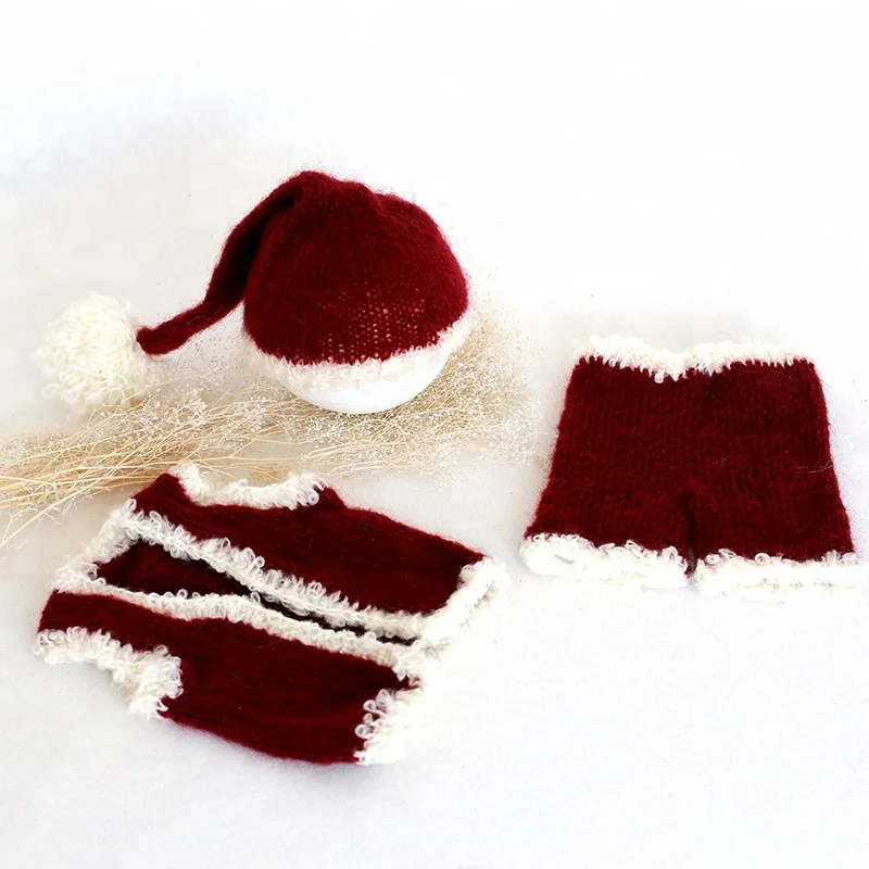 

Newborn baby romper overall Photography props Santa suit Newborn father Christmas outfit Knit mohair hat and pant set