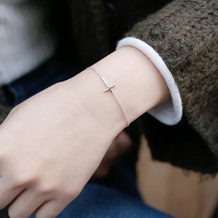 Dainty Silver Sideways Cross Bracelet Chain Link 925 Sterling Dainty Silver Sideways Cross Bracelet