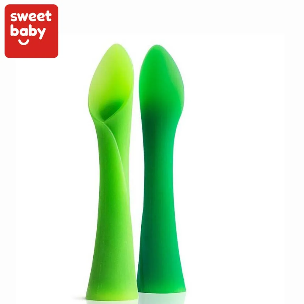 

Eco-friendly Food Grade Silicone Flexible Bamboo Shape Baby Spoons for Training and Feeding, Green