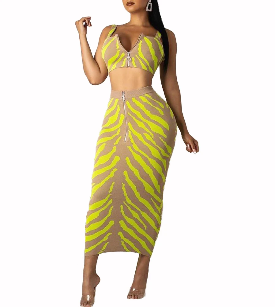 

Women Leaf print Thin Strap Zipper Print Top & Skirt twp piece Sets, Customise