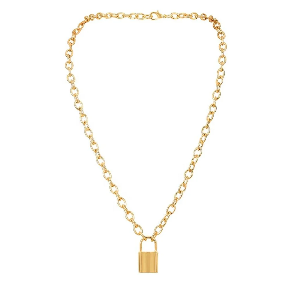 

Simple best friend 18k gold long fashion jewelry Alloy padlock Pendant Necklace, N/a