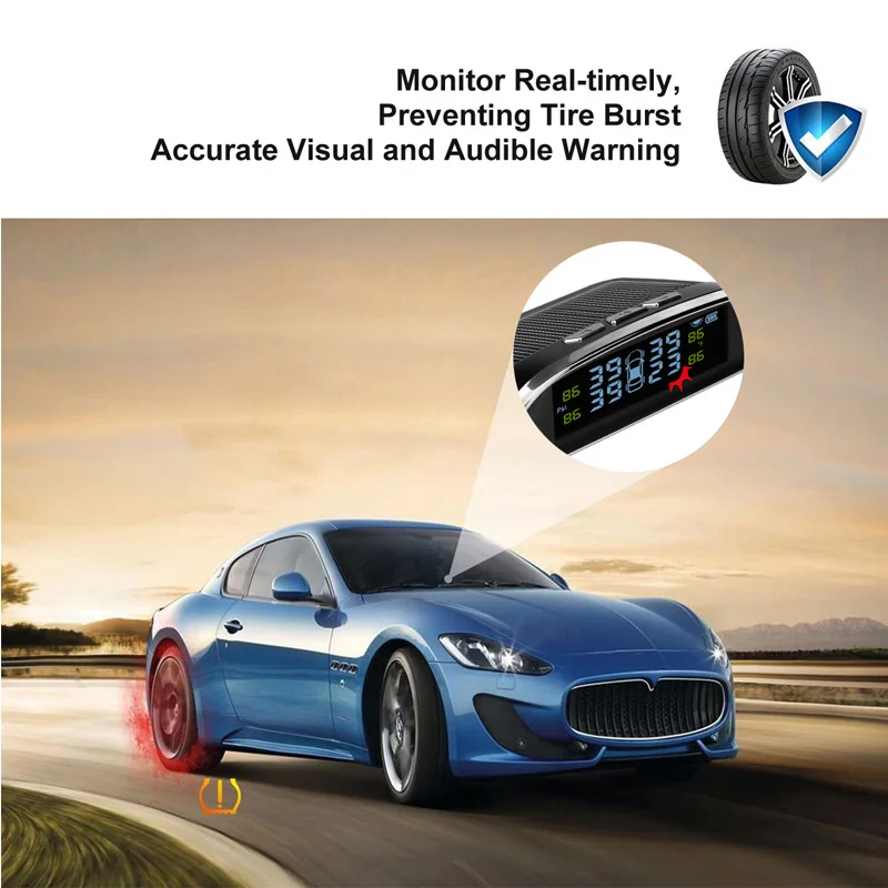 Solar Power USB TPMS Car Tire Pressure Monitoring System LCD Display 4 External Sensors TPMS
