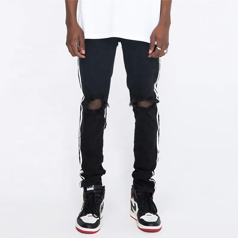 

OEM fashion side tape washed distressed zipper jeans ripped mens skinny jeans stock