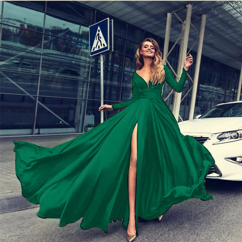 2019 Euramerican foreign trade hot sale new style dresses hot style sexy deep V-neck long sleeve prom dresses ball-gown skirt