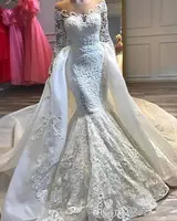 

ZH1566X Vintage Sheer Neck Long Sleeve Mermaid Wedding Dress Bridal Gown Custom Made Lace Applique Detachable Train Floor Length