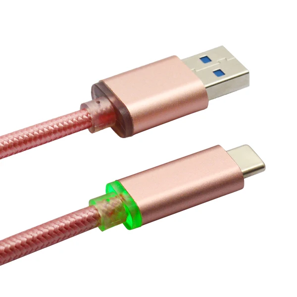 Rose gold nylon sleeve braided LED USB 3.0A to type c charging cord