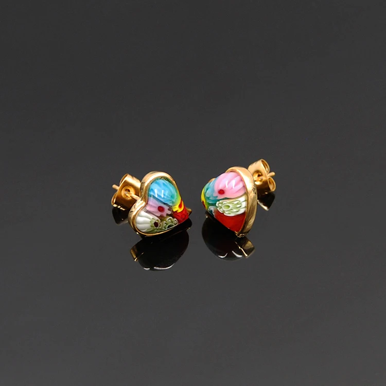 

Murano Glass Jewelry Gold Plated Stainless Steel Murano Glass Heart Stud Earrings For Women, Colorful