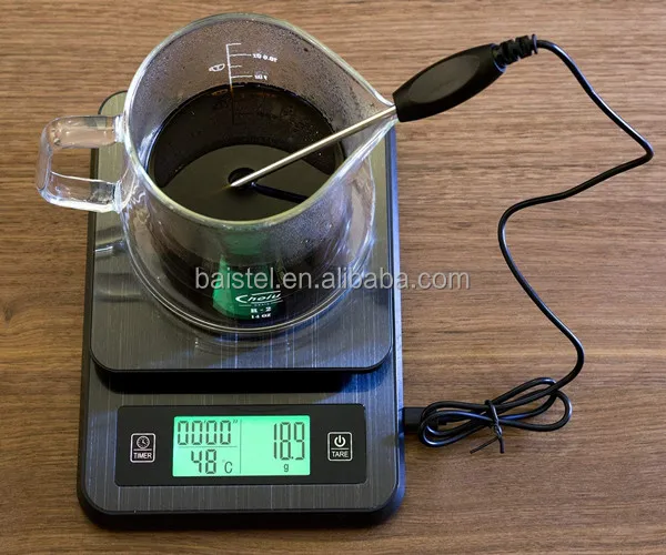 

3kg 0.1g USB Digital Electronic Kitchen Food Coffee Scale with Timer LCD Display Thermometer Probe Tare Multifunction, Black