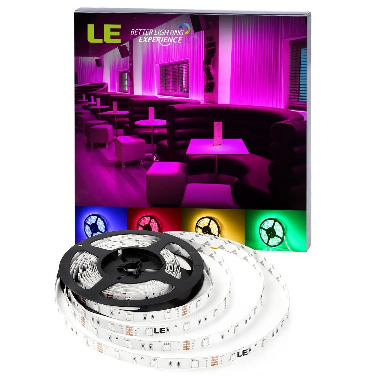 LE 12V Flexible RGB LED Strip Lights, LED Tape, Multi-colors, 150 Units 5050 LEDs, Non-waterproof, Light Strips, Pack of 16.4ft