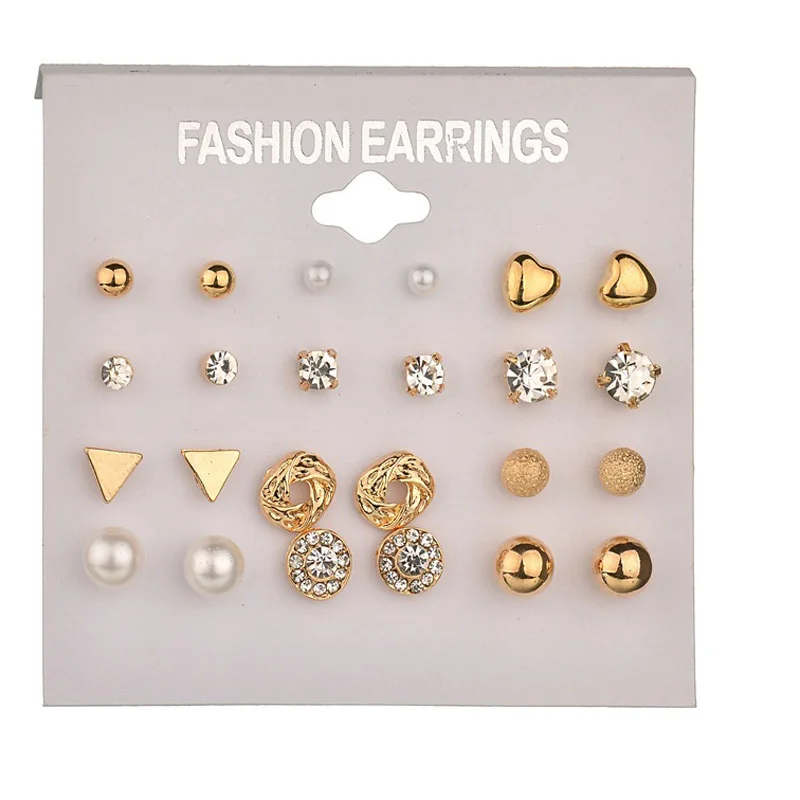 

Punk 12 Pairs Pack Set Mixed Stud Earrings For Women Crystal Ear Studs, As picture