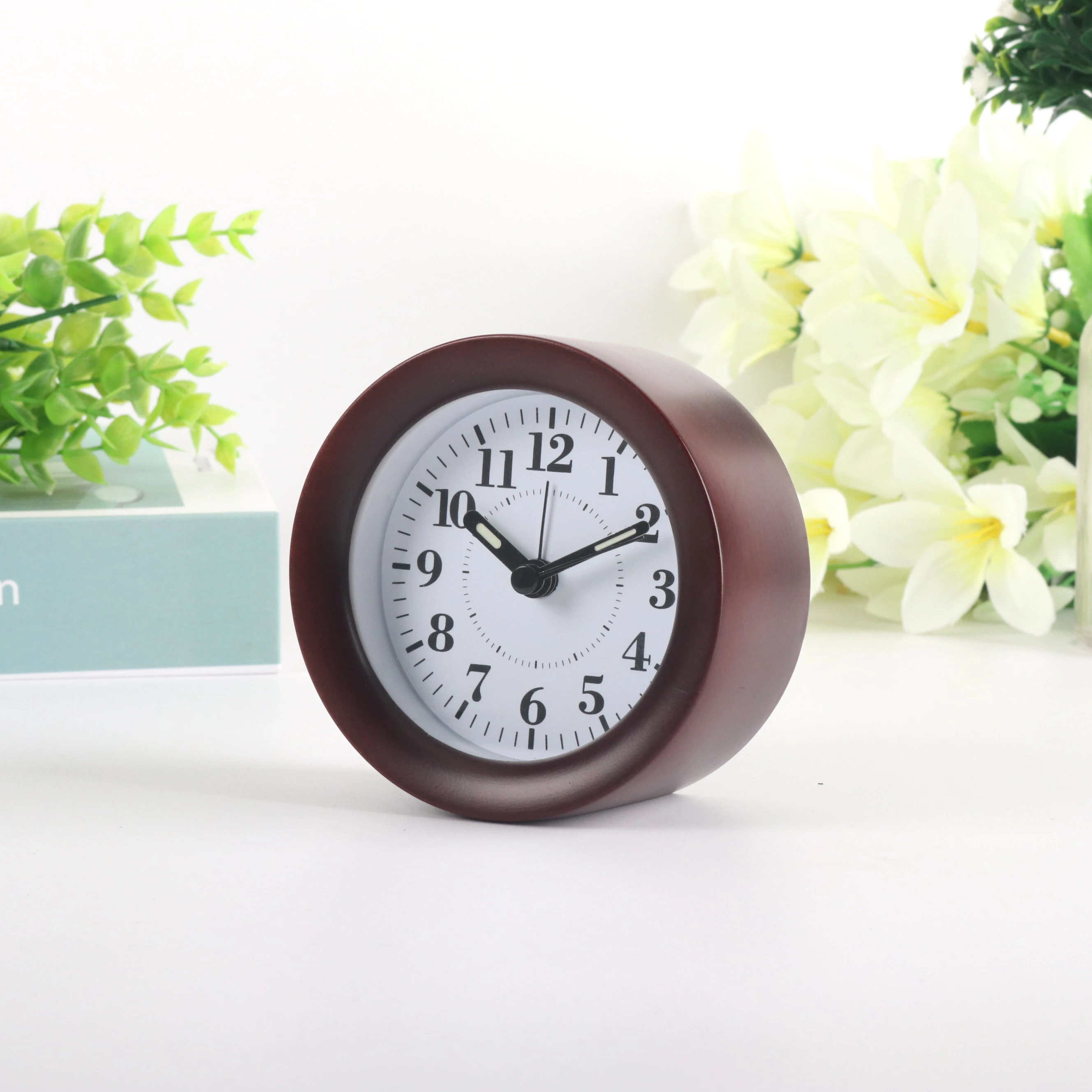 Small Round Analog Snooze Night Light Table Alarm Wooden Desk Clock