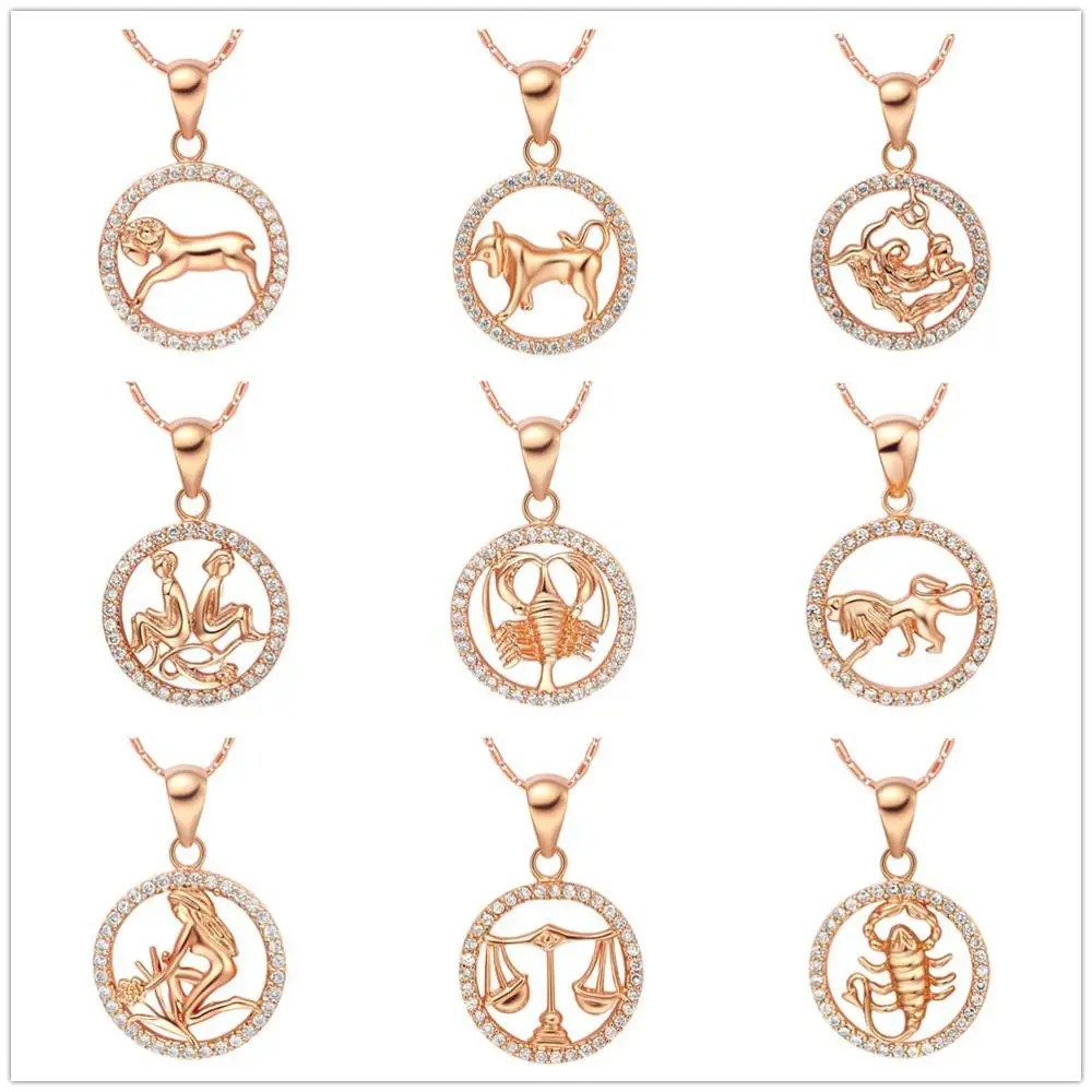 Barlaycs 2019 New Fashion 12 Zodiac Necklace 18K Gold Silver Plated Pendant Rhinestone Necklace for Women Jewelry