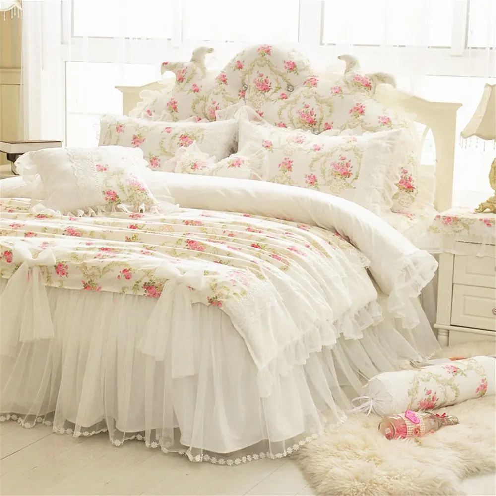 Abreeze 4 Piece Girls Fairy Bedding Sets Lace Design Girls Bedding Romantic Princess Cotton Duvet Cover Set Twin Pink Toys Games Duvet Cover Sets