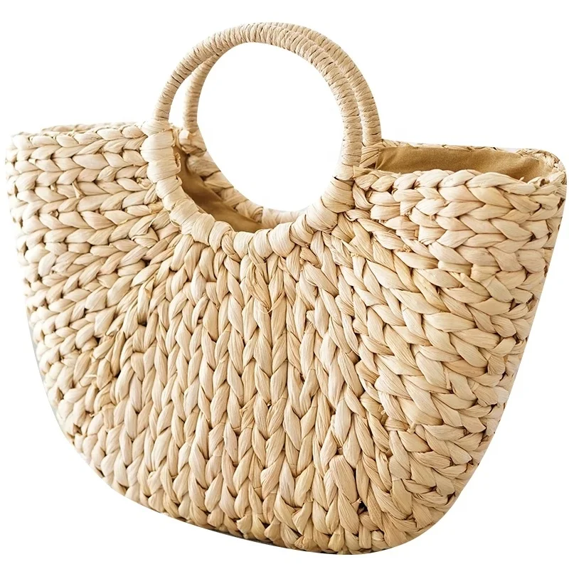 

Ecofriendly natural Corn Husk Weaving half moon shape large capacity beach straw clutch tote bag storage basket