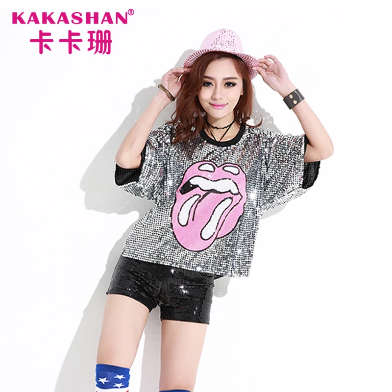 

China Factory Swag Sequin Shirt Wholesale Womens Clothing Hip Hop Tee, Black red silver green