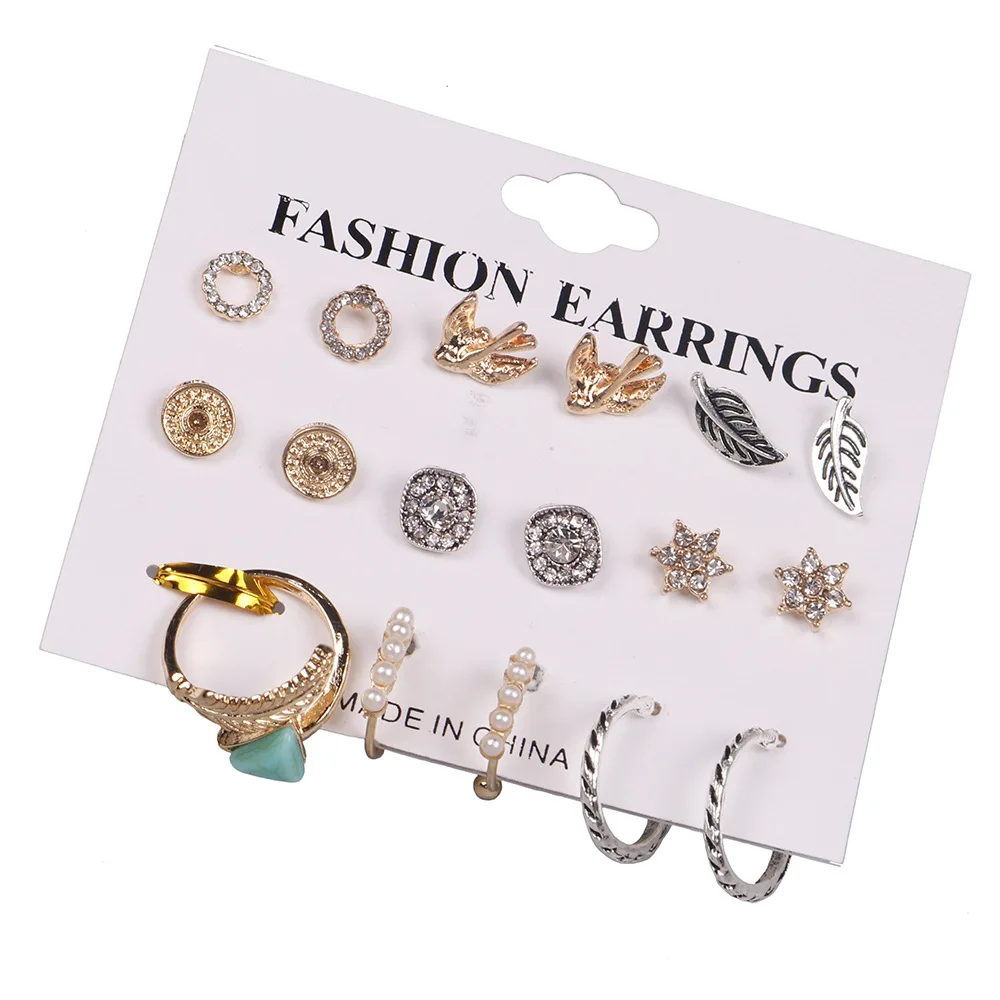 

9 Pairs/set Punk Fashion Circle Stud Earrings Set For Women Elegant Mixed Crystal Flower Bow metal Bird Leaves Earings Jewelry