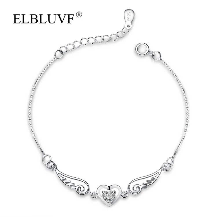 ELBLUVF 925 Sterling Silver Fancy Womens Zircon Love Heart Angel Feather Wing Bracelet Jewelry For Gift, Silver / purple