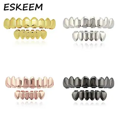 

Rapper Jewelry Plain Grillz Set Eight 8 Top Teeth and 6 Six Botton Bling Slugs Hip Hop Cheap Grills, Picture
