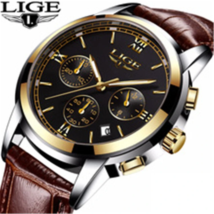 

LIGE 9817 Top Brand Luxury Business Leather Watch Men Fashion Sport Quartz Clock Mens Watches Waterproof Gold Watch, N/a