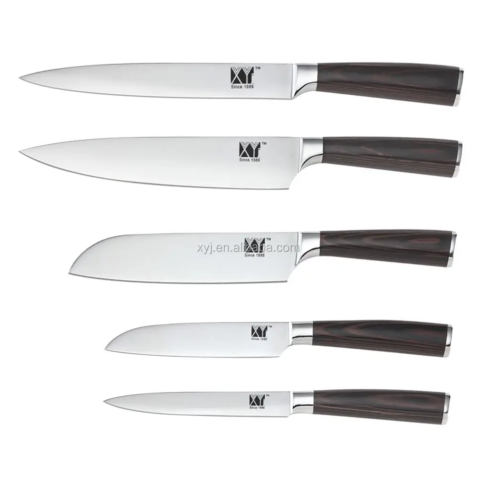 

XYj High Quality Pakka Wood Handle 5pcs 7Cr17Mov Stainless Steel Kitchen Knife Set With Mirror Surface Blade, N/a