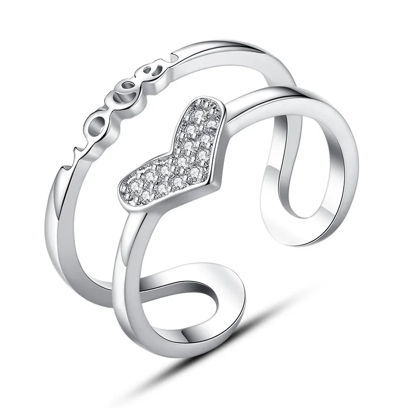 Hot Selling Romantic Heart Ring In Silver Color Open Size with Crystal Ring for Lady Wholesale Price Cheap Fashion Jewelry