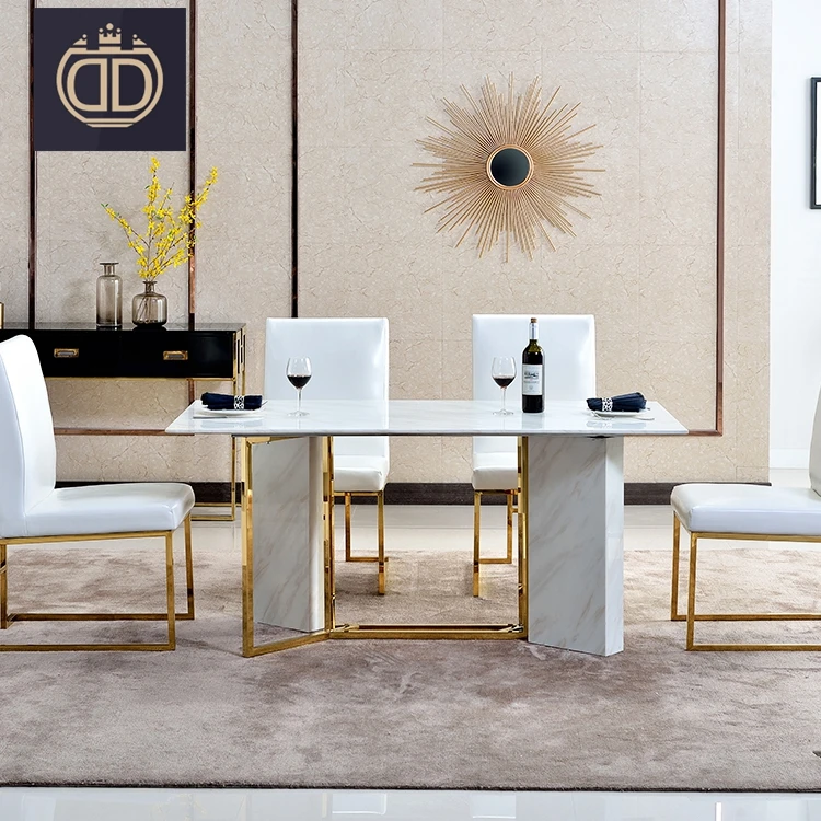 
dining table set luxury Italian dining table set modern corner marble top 6 piece stainless steel marble dining room table set 