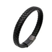 

Black Buckle Hand Bangle Jewelry Wholesale Stainless Steel Mens Leather Bracelet