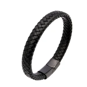 Black Buckle Hand Bangle Jewelry Wholesale Stainless Steel Mens Leather Bracelet