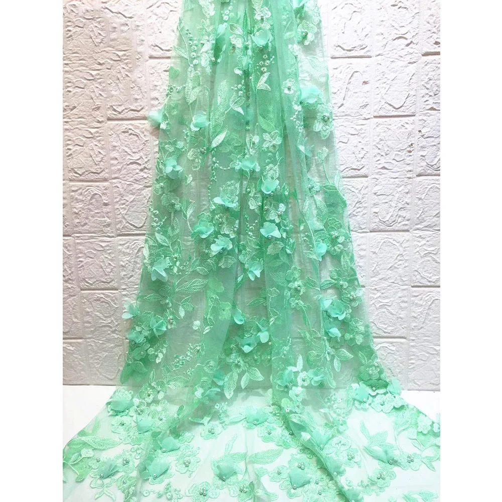 

Beautifical french mesh lace beads mint green net dressing 3D fabric ML44N124, Can be customized