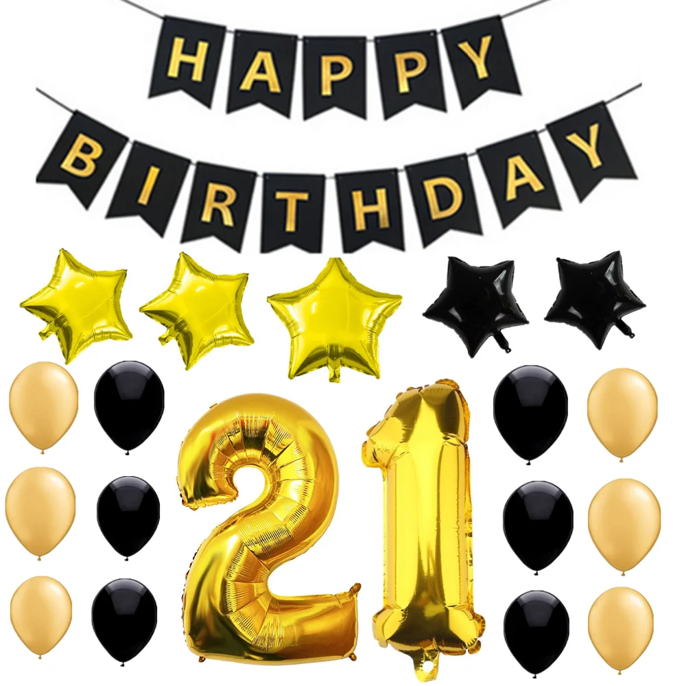 Free Shipping21st Birthday Banner Set Gold And Black Birthday Balloon ...