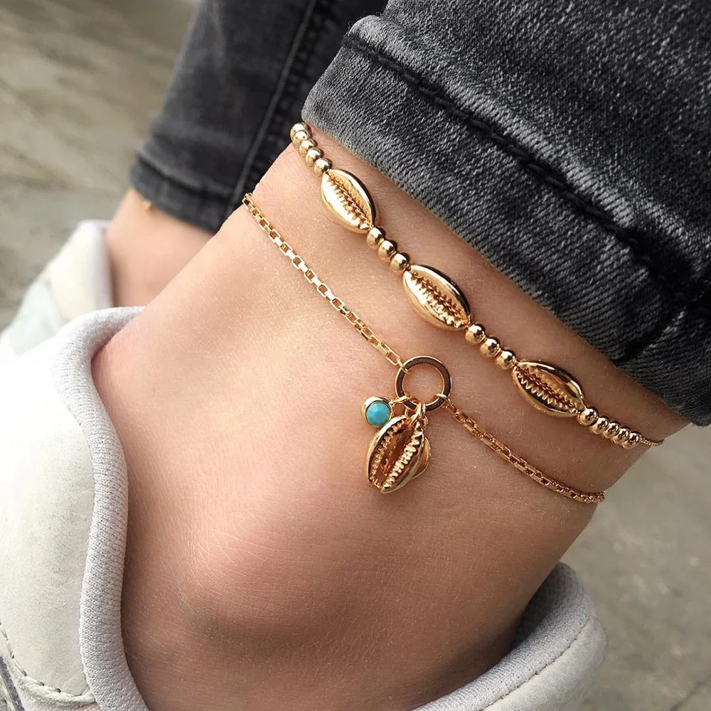

SinDlan New Arrivals Classic Personality Hand Beaded Charm Double Layer Metal Gold Conch Shell Alloy Beach Anklet, 3 colors for choose