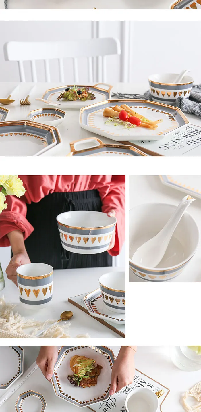 High-end Western style gold rim octagonal porcelain tableware set dinnerware dishes plates