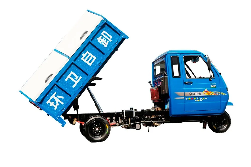 motorized gas powered three wheel sanitation tricycle with dump with closed cabin