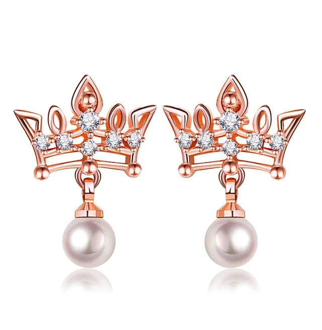 New Fashion Natural Freshwater Pearls Zircon Crown Stud Earrings For Women Pendientes