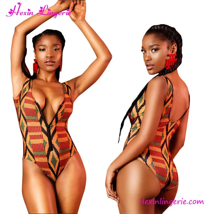 

Deep V-Neck African Geometric Printed Mature Women Sexy Swimsuit, As shown sexy swimsuit