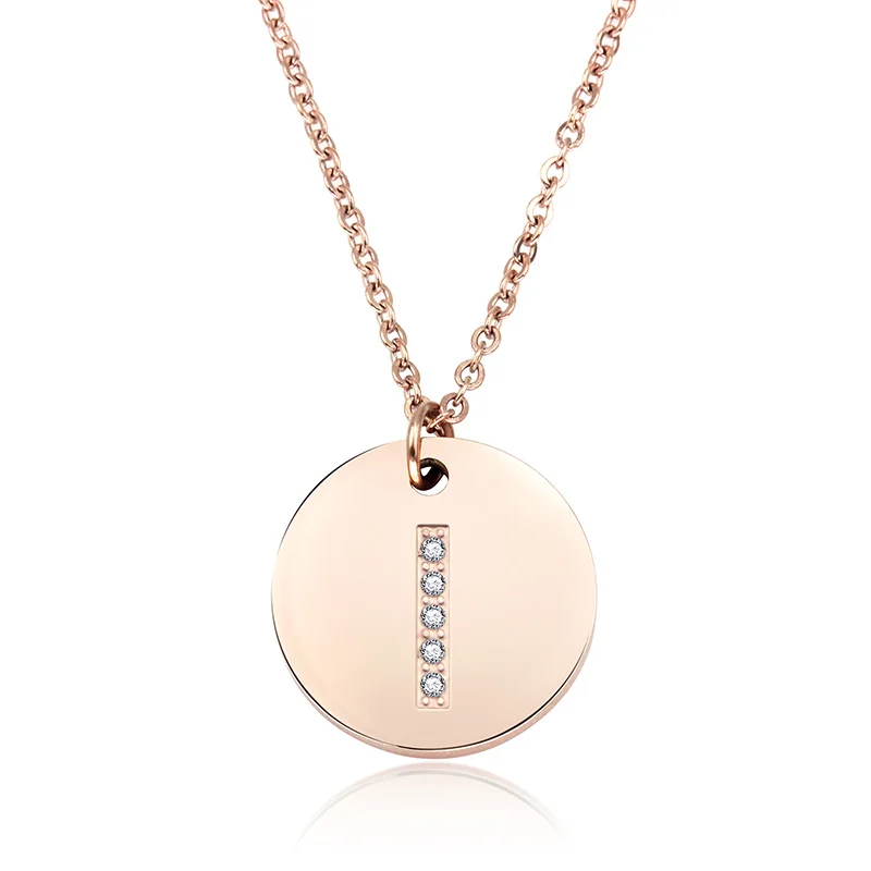 

Wholesale Round Disc Rhinestone Rose Gold Letter Necklace Alphabet Initial Pendant For Women, Picture shows