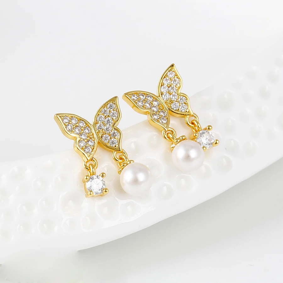 

92649 Latest design luxury butterfly shape gold pearl earrings, indian CZ drop earrings for wedding